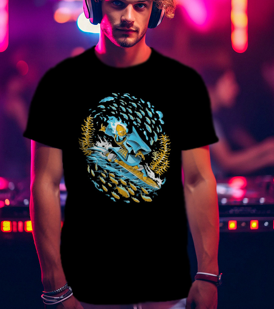 Sword Of The Sea Life Beneath The Waves Golden Samurai Surfer Wave Motion T-Shirt