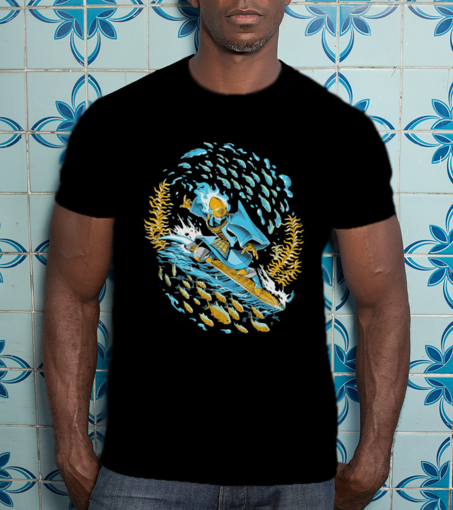 Sword Of The Sea Life Beneath The Waves Golden Samurai Surfer Wave Motion T-Shirt