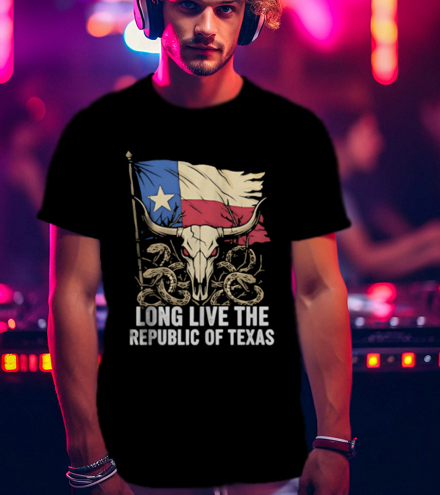 Texas Flag Skull With Snake Long Live The Republic Of Texas T-Shirt