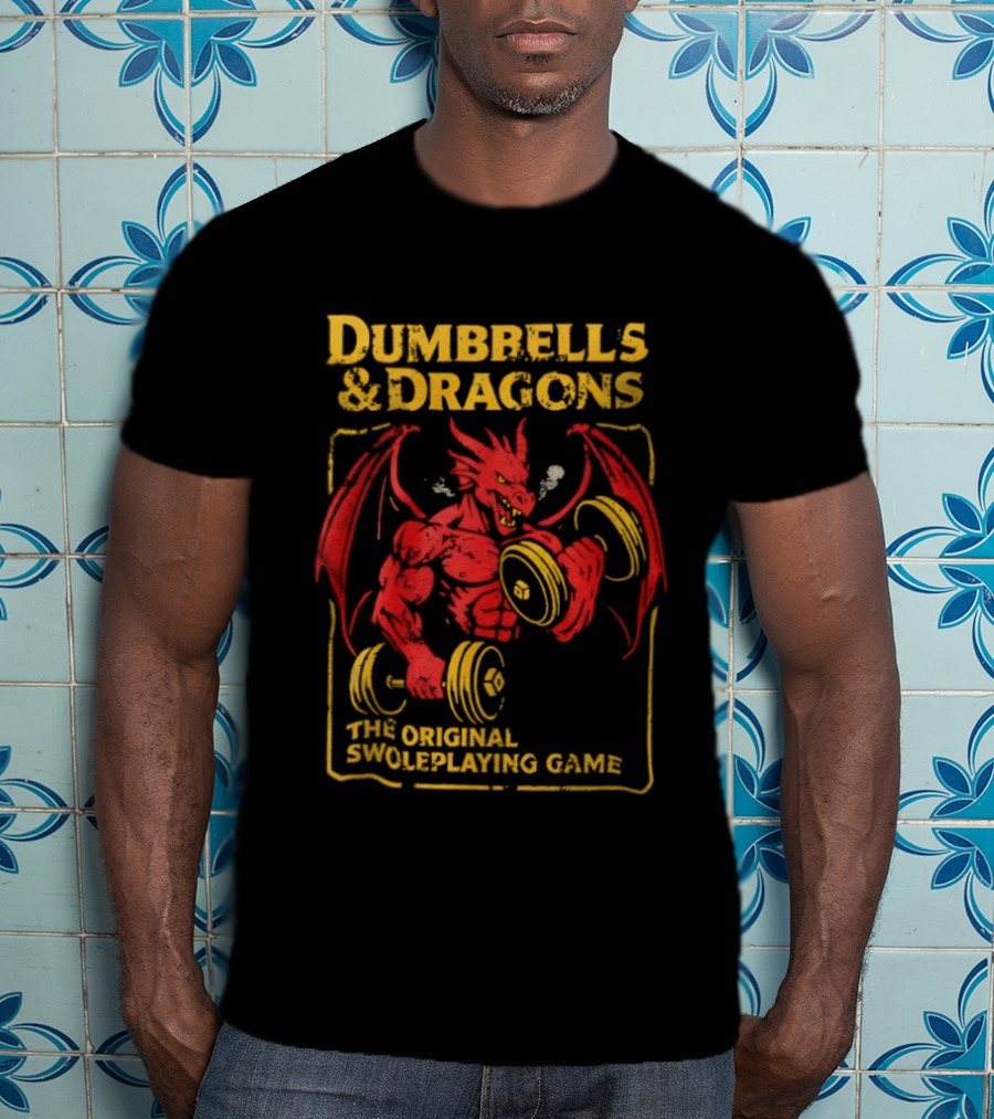 Dumbbells And Dragons The Original Swoleplaying Game Red Dragon Lifting Weights T-Shirt