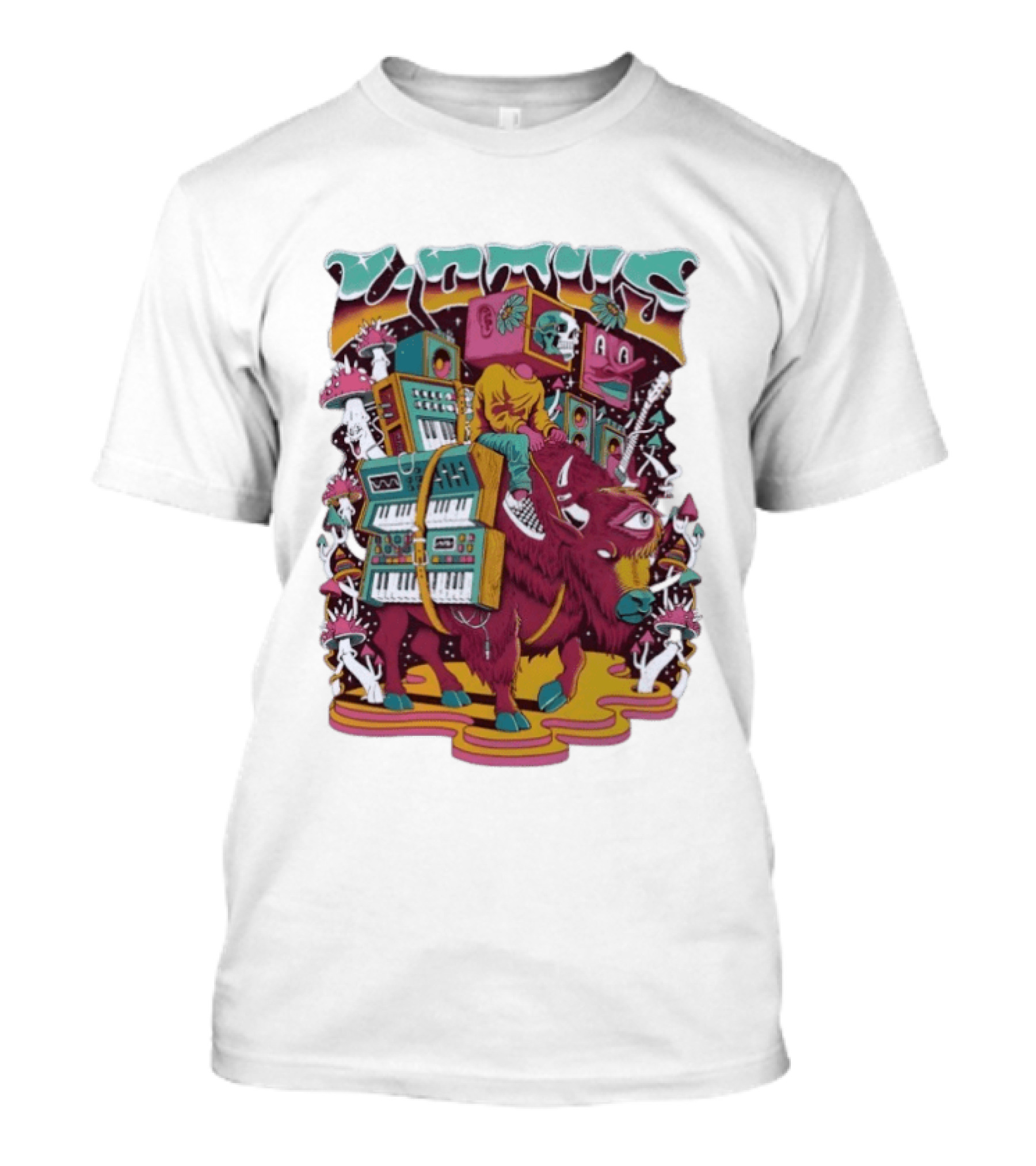 Skeleton Riding Bison Lotus Band Colorado Tour 2026 Psychedelic Instrument Adventure T-Shirt