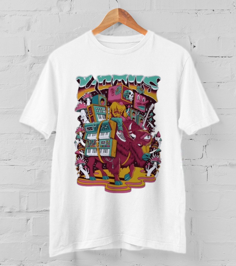 Skeleton Riding Bison Lotus Band Colorado Tour 2026 Psychedelic Instrument Adventure T-Shirt