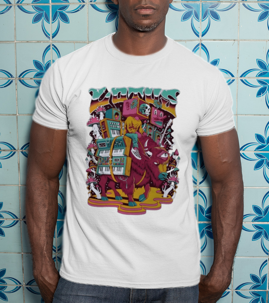 Skeleton Riding Bison Lotus Band Colorado Tour 2026 Psychedelic Instrument Adventure T-Shirt