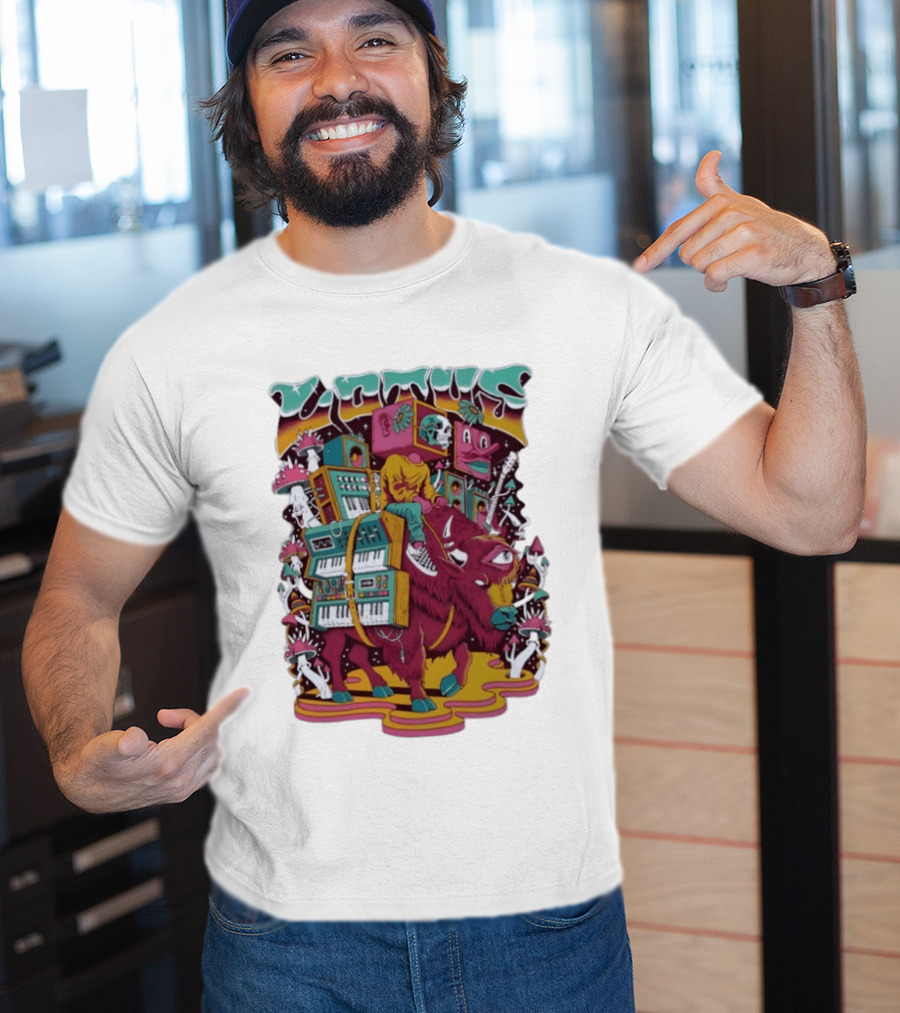 Skeleton Riding Bison Lotus Band Colorado Tour 2026 Psychedelic Instrument Adventure T-Shirt