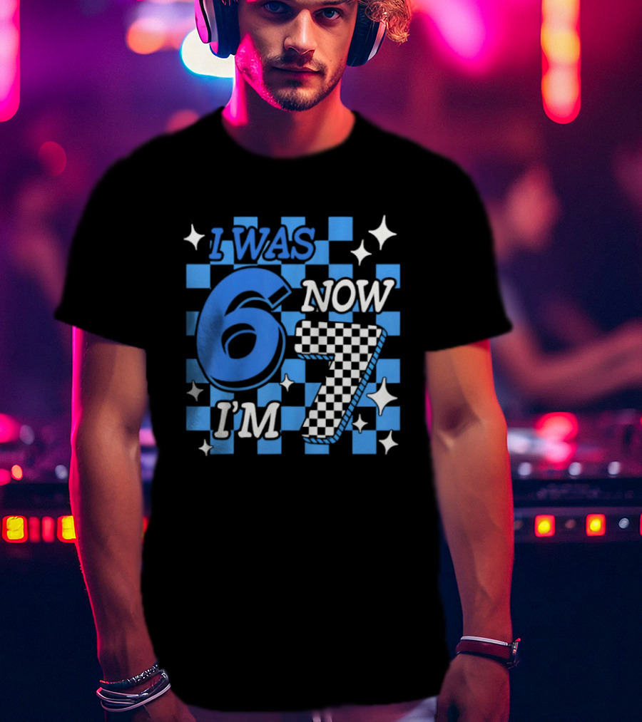 Blue Checkered I Was 6 Now I'm 7 Birthday Boy T-Shirt