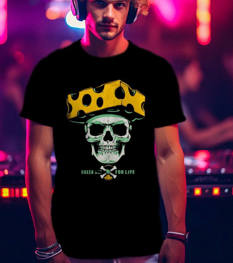 Green Bay Packers For Life Skull Cheesehead T-Shirt