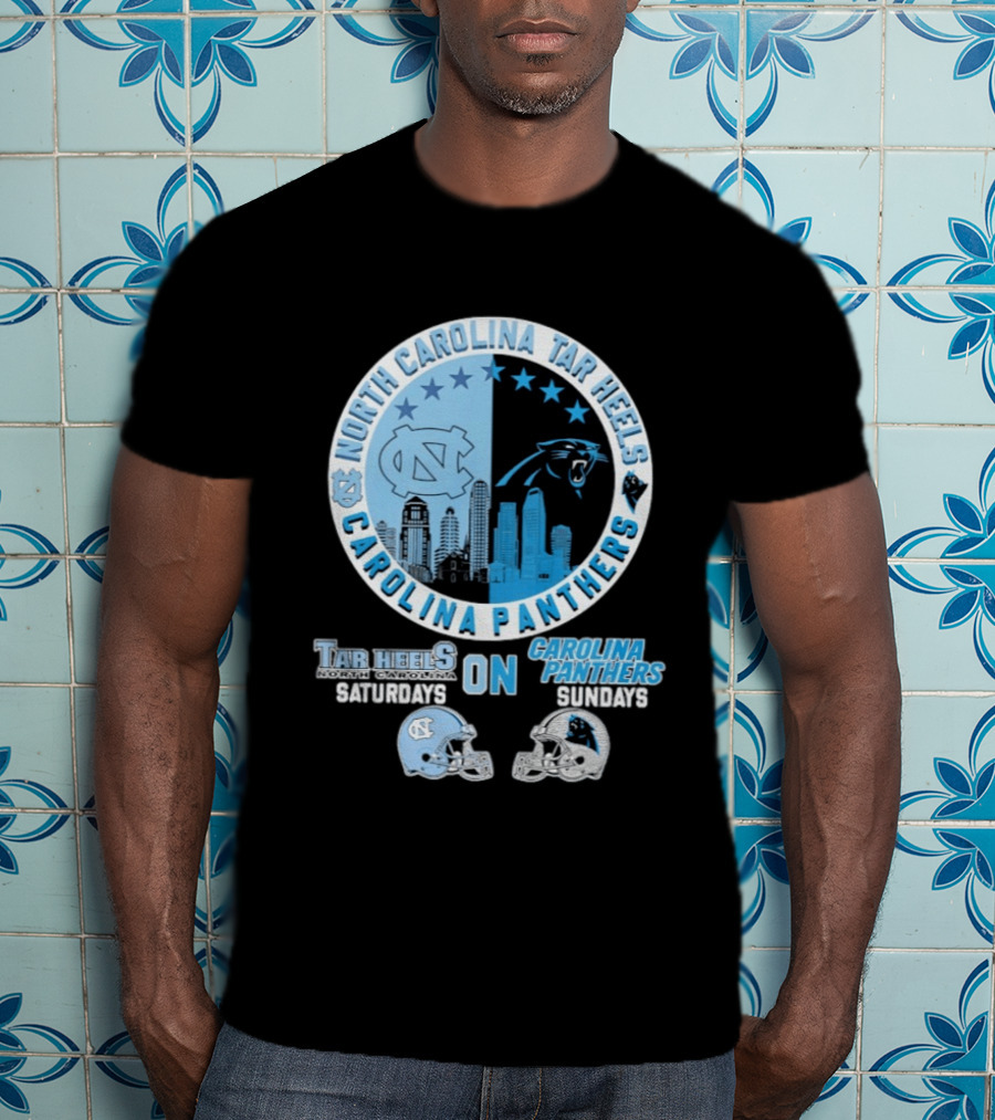 North Carolina Tar Heels Saturdays Carolina Panthers Sundays Helmet Mashup T-Shirt