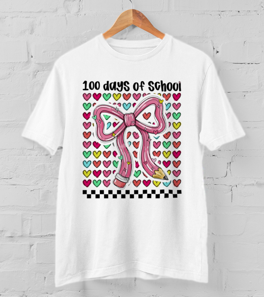 100 Days Of School Valentine Coquette Bow Pencil Hearts T-Shirt