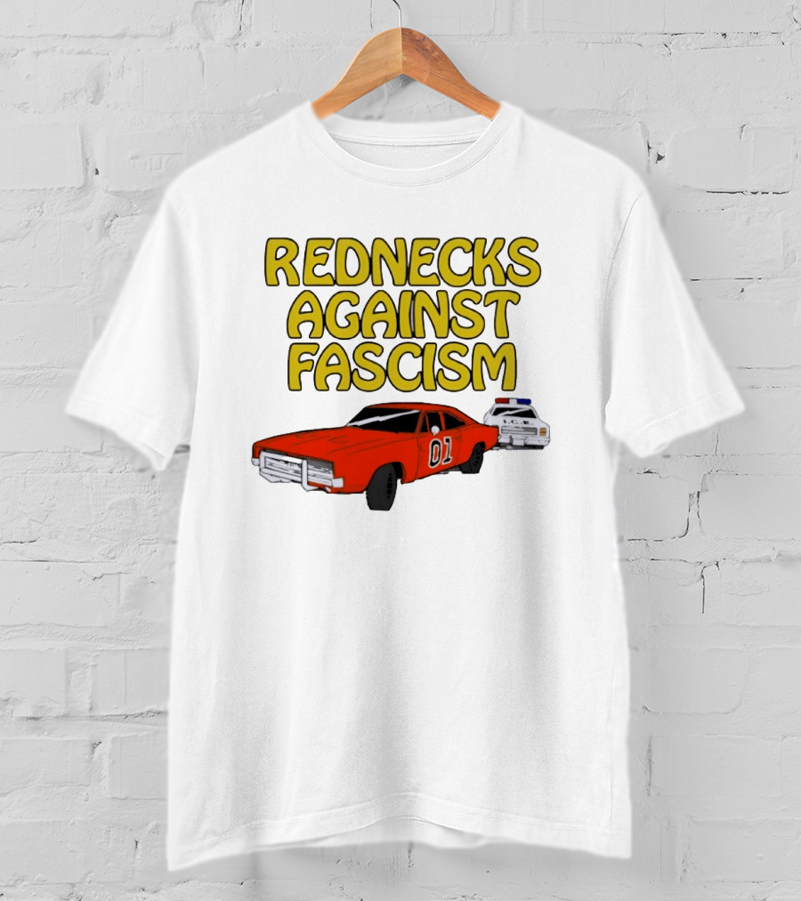 Rednecks Against Fascism Car Cartoon With 01 And Police Chase Scene T-Shirt