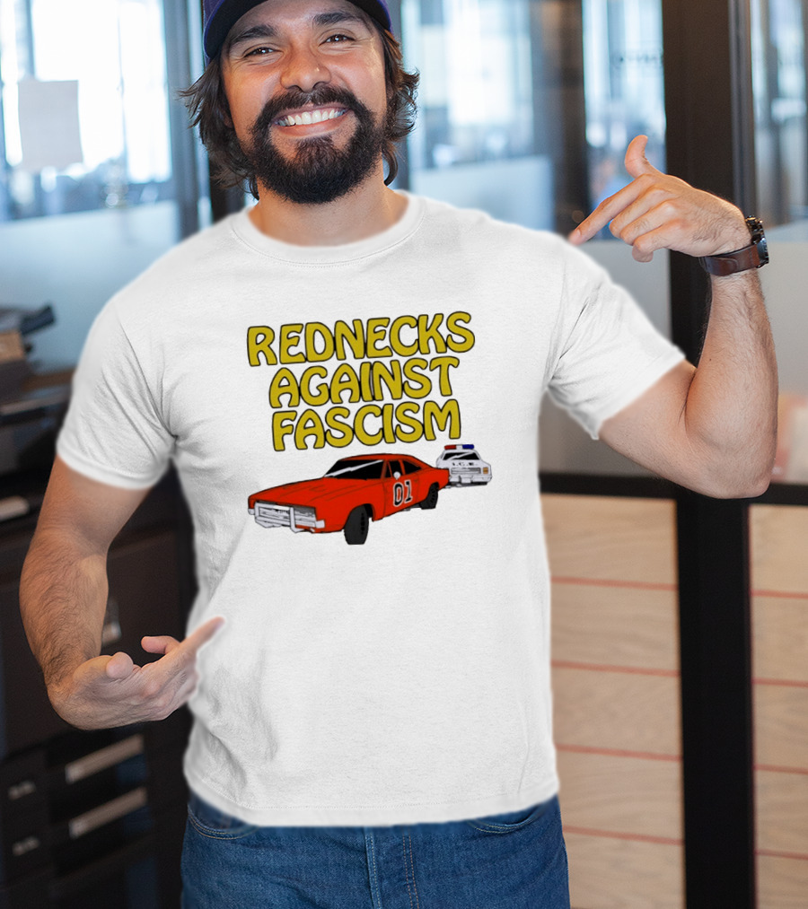 Rednecks Against Fascism Car Cartoon With 01 And Police Chase Scene T-Shirt
