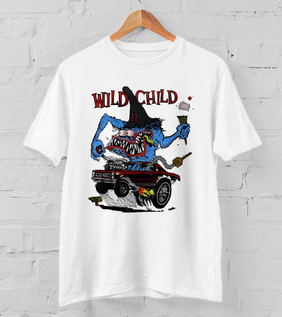 Wild Child Rat Fink R.F. Hot Rod Monster With Ice Cream And Gear Shift T-Shirt