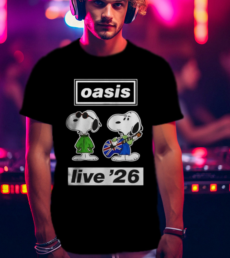 Oasis Snoopy Live '26 Union Jack Guitar T-Shirt