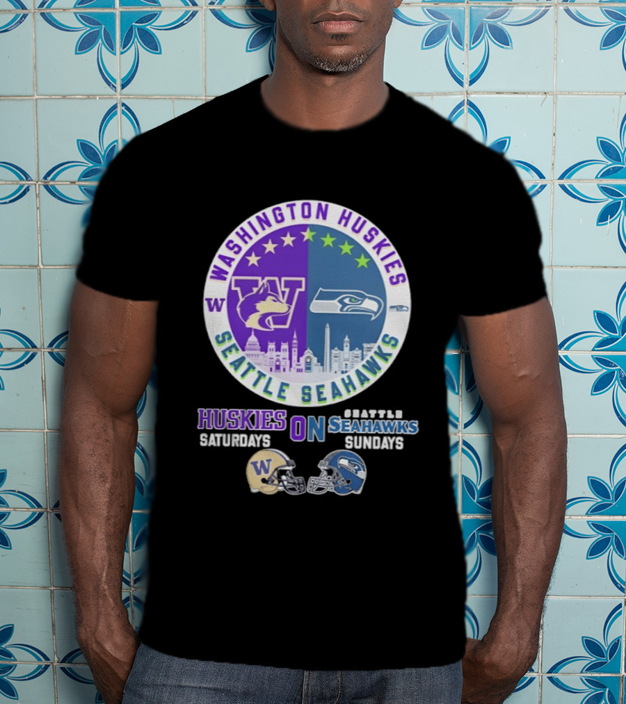 Washington Huskies Saturdays Seattle Seahawks Sundays Football Helmet Mashup T-Shirt