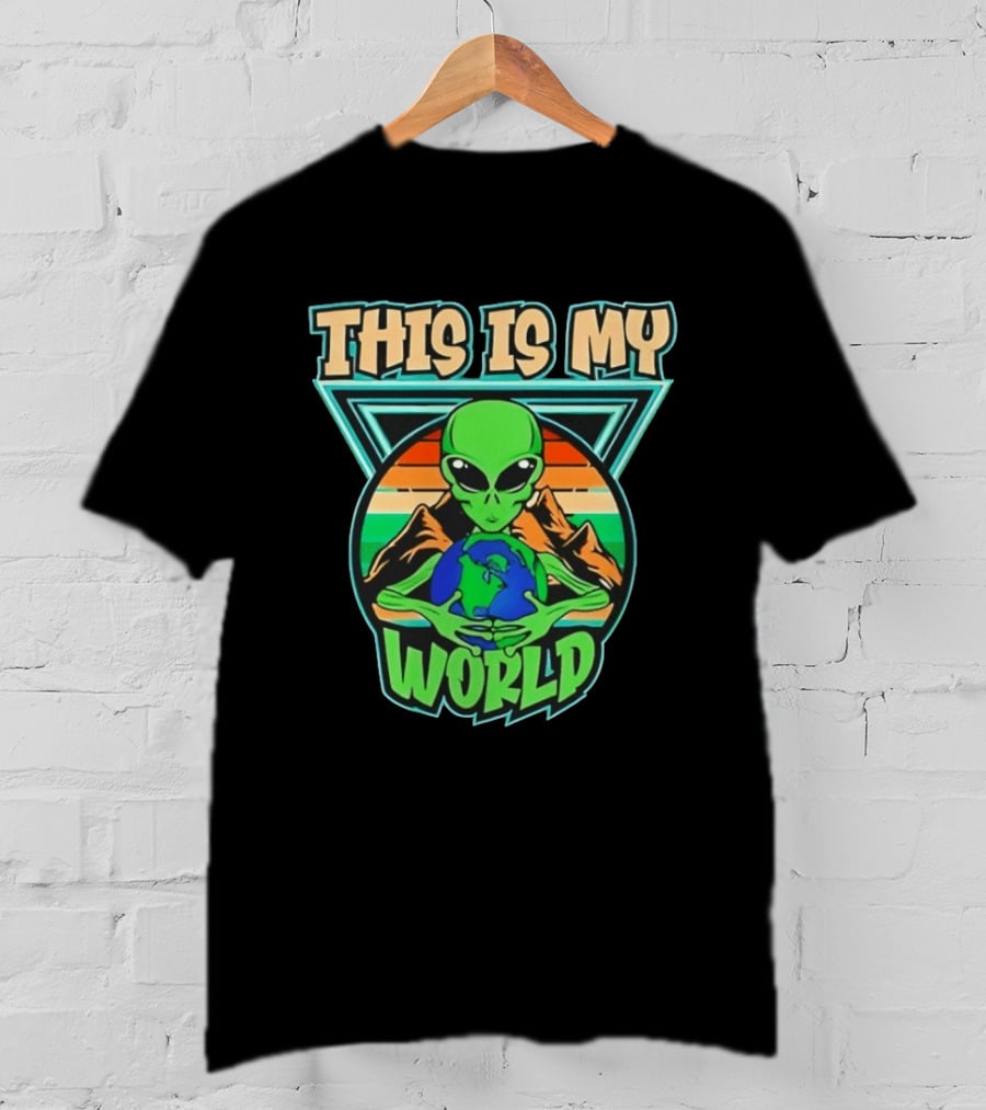 This Is My World Alien Holding Earth Retro Desert Scene T-Shirt