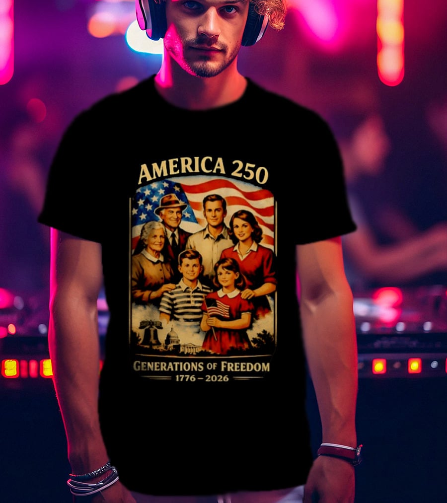 America 250 Generations Of Freedom 1776 2026 Vintage Family With Flag T-Shirt