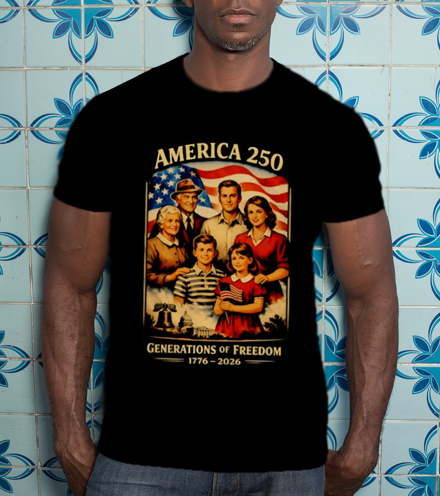 America 250 Generations Of Freedom 1776 2026 Vintage Family With Flag T-Shirt