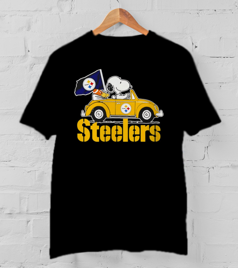 Pittsburgh Steelers Snoopy Woodstock Driving Yellow Car T-Shirt