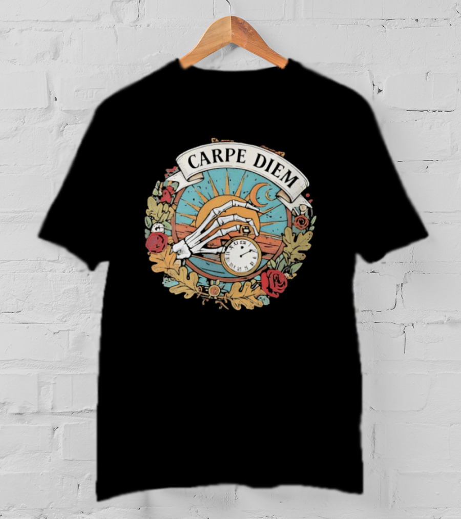 Carpe Diem Memento Mori Skeleton Art Roses Sun Moon T-Shirt