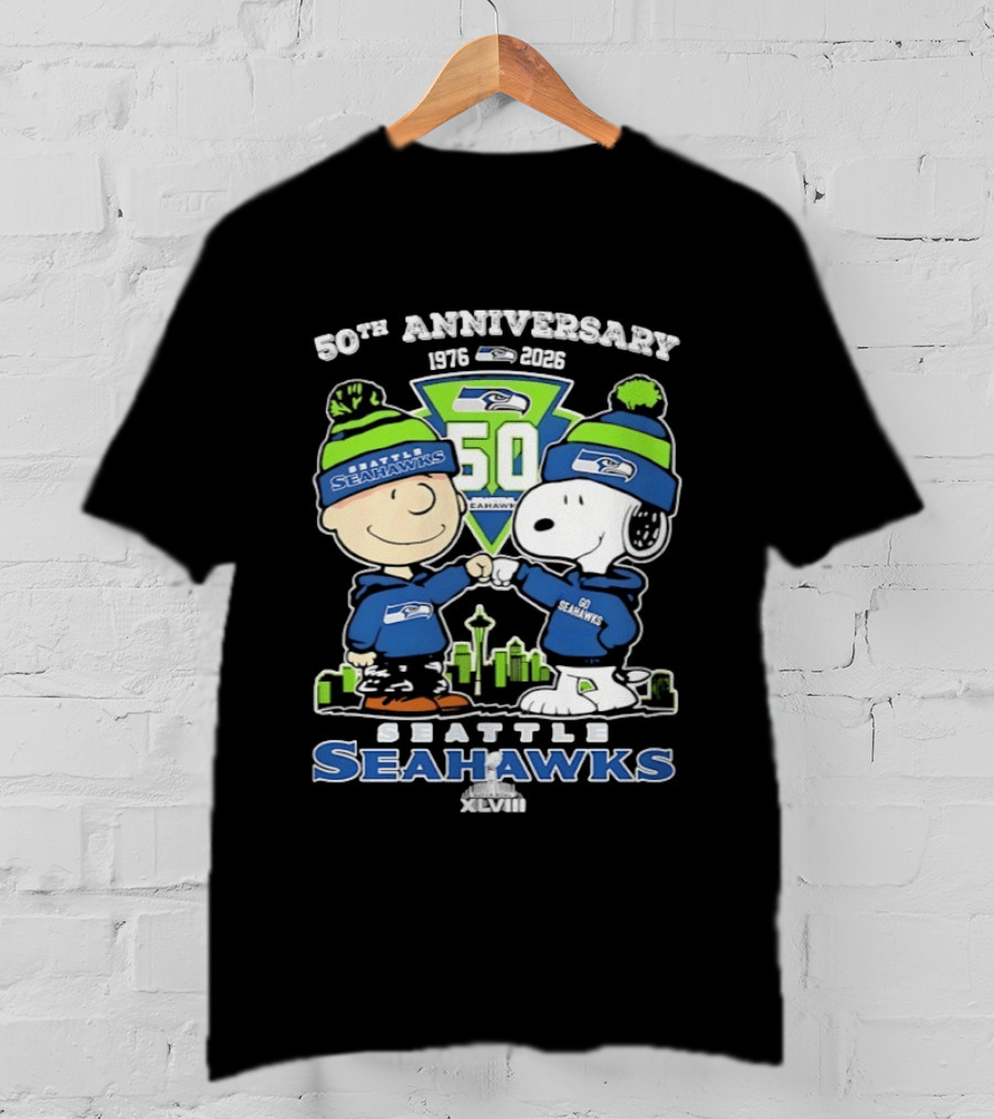 Charlie Brown Snoopy Fist Bump Seattle Seahawks 50th Anniversary Skyline 1976 2026 T-Shirt