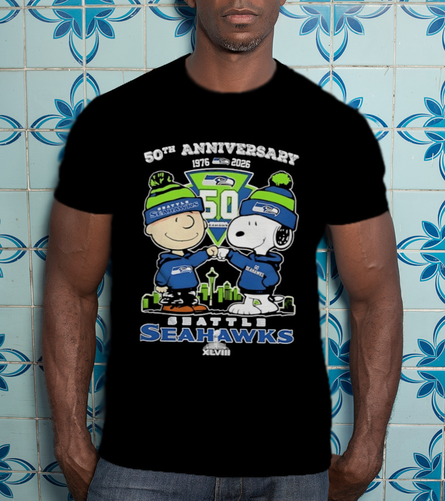 Charlie Brown Snoopy Fist Bump Seattle Seahawks 50th Anniversary Skyline 1976 2026 T-Shirt