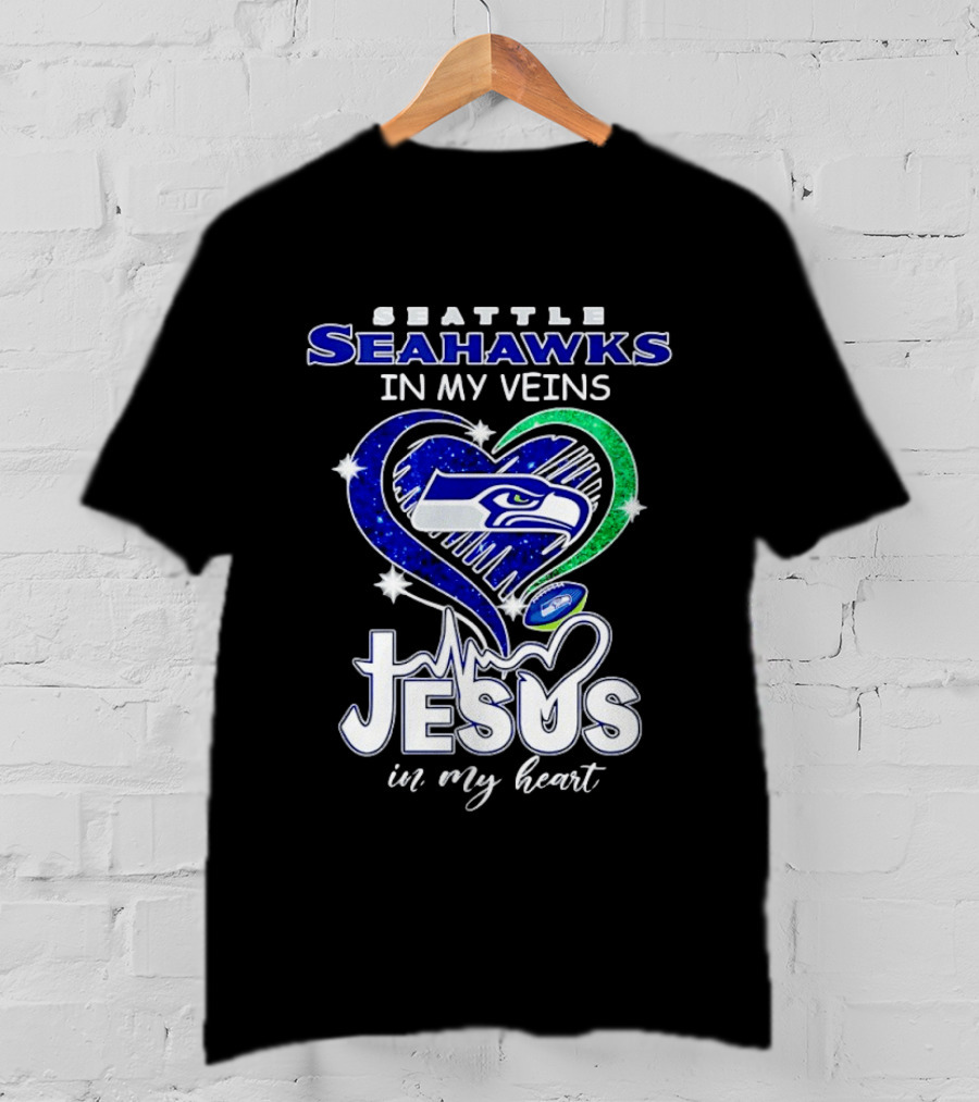Seattle Seahawks In My Veins Jesus In My Heart Diamond Heartbeat T-Shirt