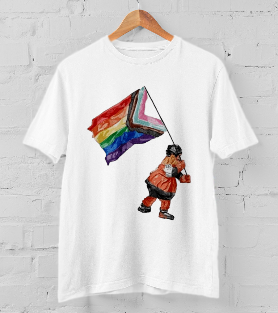 Philadelphia Hockey Mascot Holding Progress Pride Flag T-Shirt