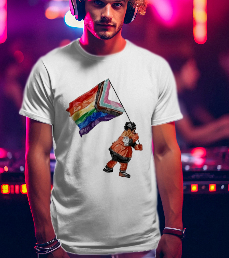 Philadelphia Hockey Mascot Holding Progress Pride Flag T-Shirt