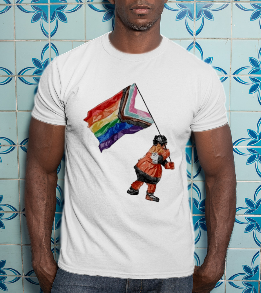 Philadelphia Hockey Mascot Holding Progress Pride Flag T-Shirt
