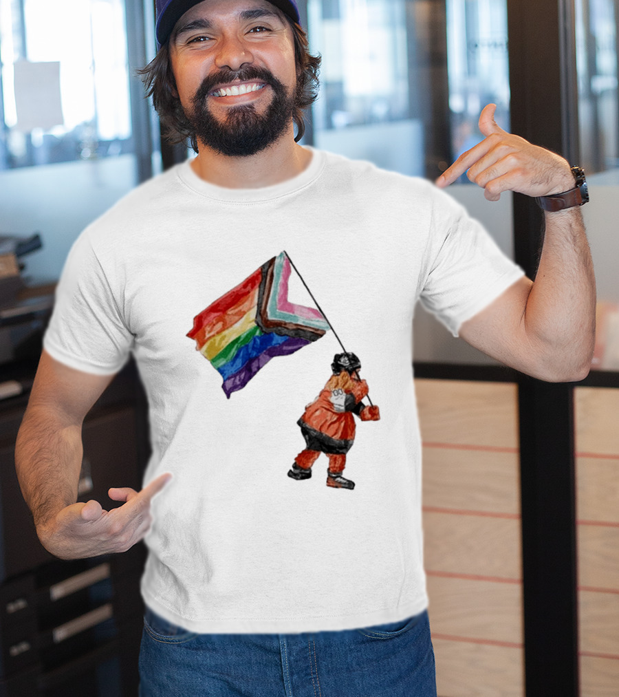 Philadelphia Hockey Mascot Holding Progress Pride Flag T-Shirt