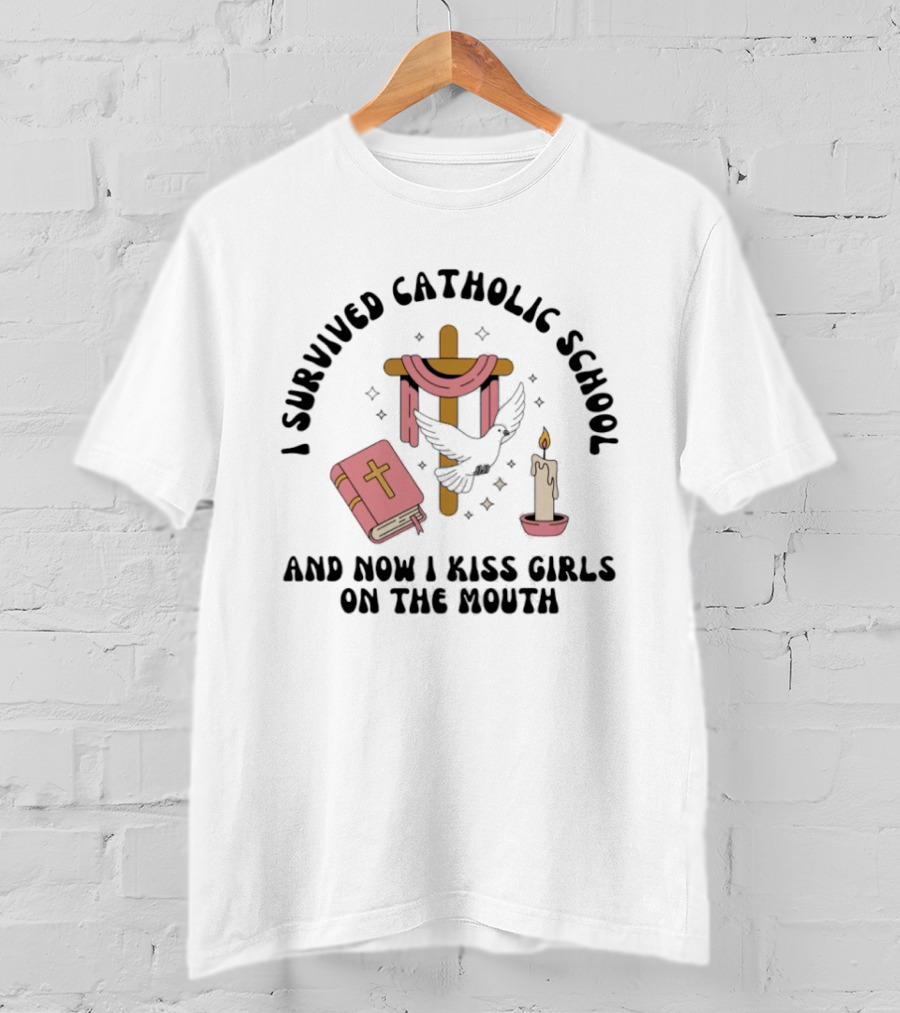 I Survived Catholic School Cross Bible Candle Dove Kiss Girls T-Shirt