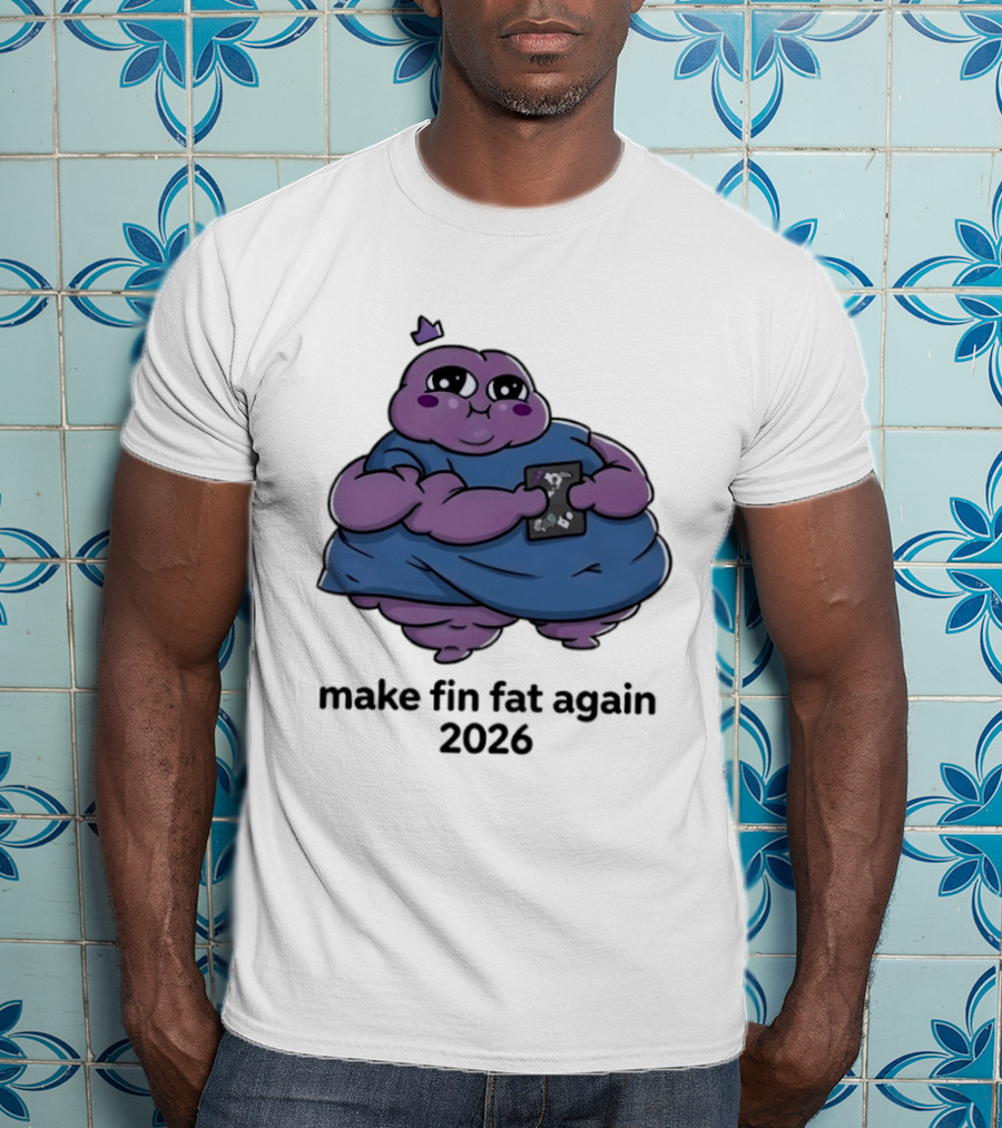 Make Fin Fat Again 2026 Cartoon Character Holding Card T-Shirt