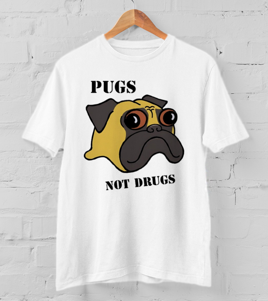 Pugs Not Drugs Cartoon Dog Face Funny Anti Drug Message T-Shirt