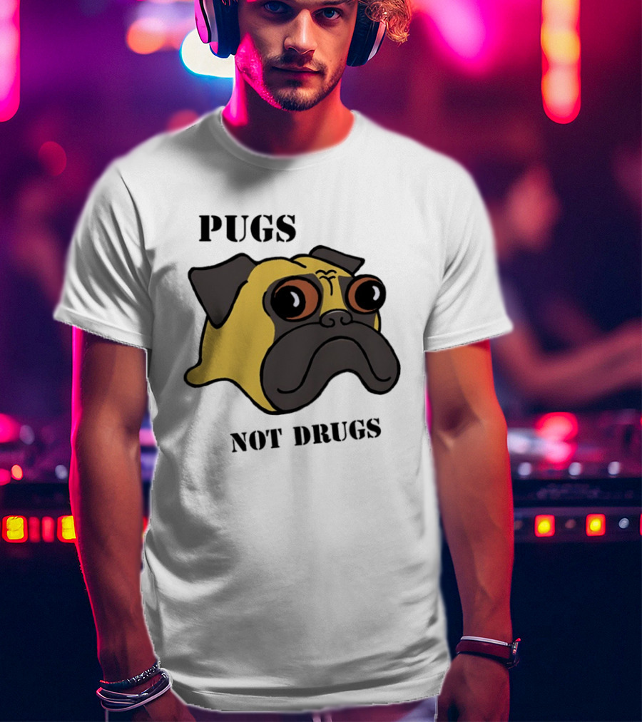 Pugs Not Drugs Cartoon Dog Face Funny Anti Drug Message T-Shirt