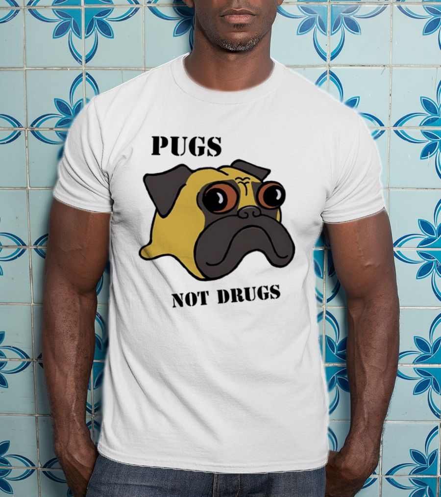 Pugs Not Drugs Cartoon Dog Face Funny Anti Drug Message T-Shirt