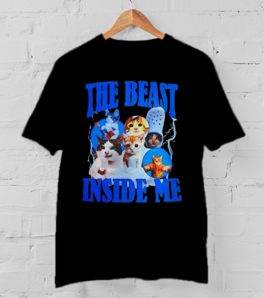 The Beast Inside Me Cat Collage With Blue Electric Accents T-Shirt