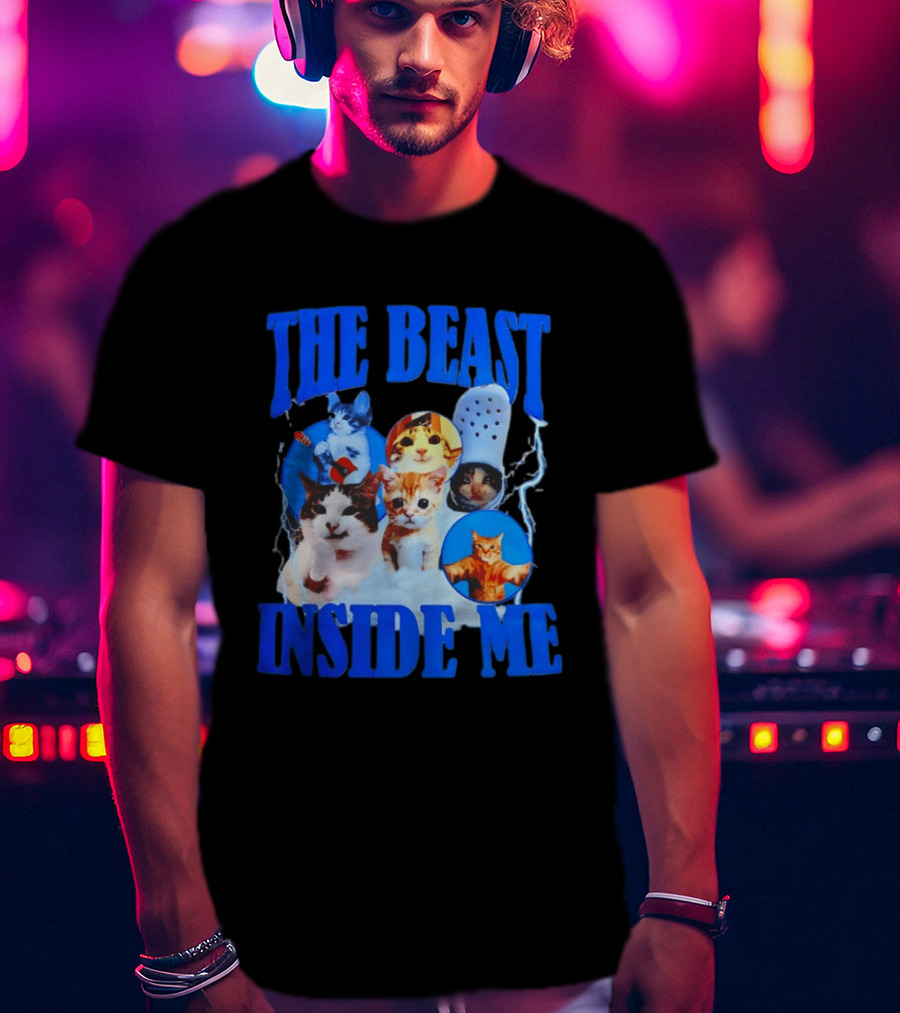 The Beast Inside Me Cat Collage With Blue Electric Accents T-Shirt