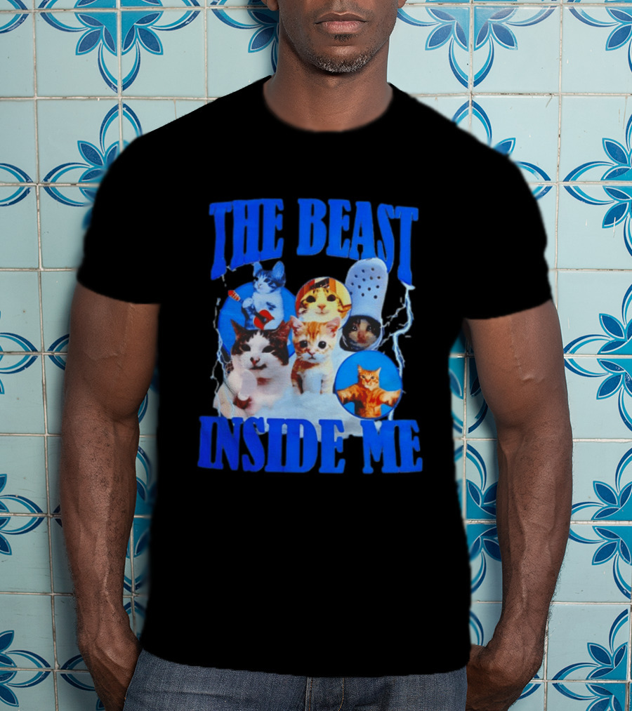 The Beast Inside Me Cat Collage With Blue Electric Accents T-Shirt