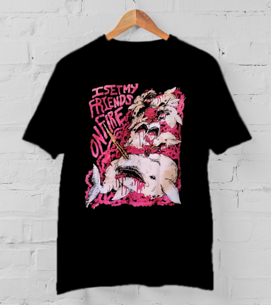 I Set My Friends On Fire Narwhal Pink And White T-Shirt