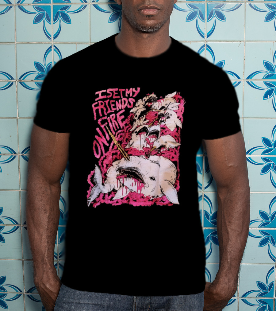 I Set My Friends On Fire Narwhal Pink And White T-Shirt