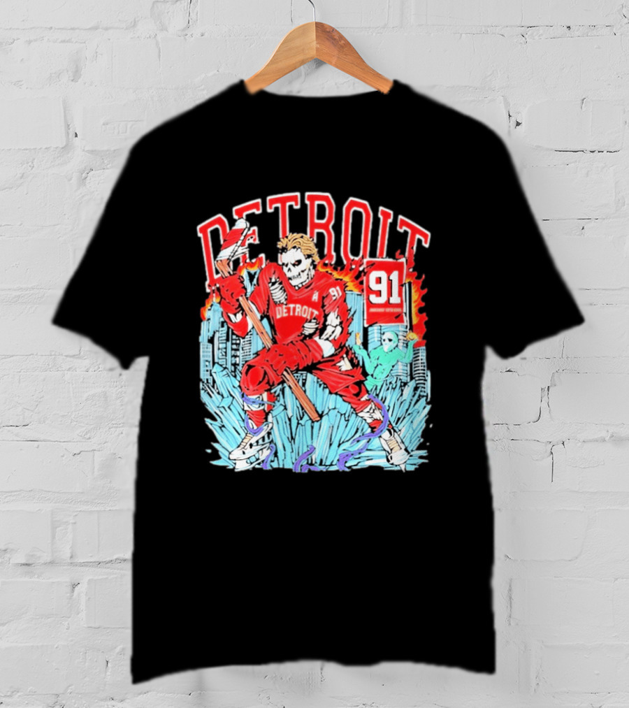 Detroit Hockey 91 Skeleton Player Red Jersey Cityscape Flame T-Shirt