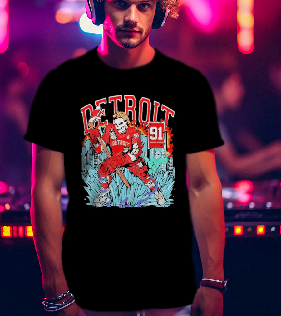Detroit Hockey 91 Skeleton Player Red Jersey Cityscape Flame T-Shirt