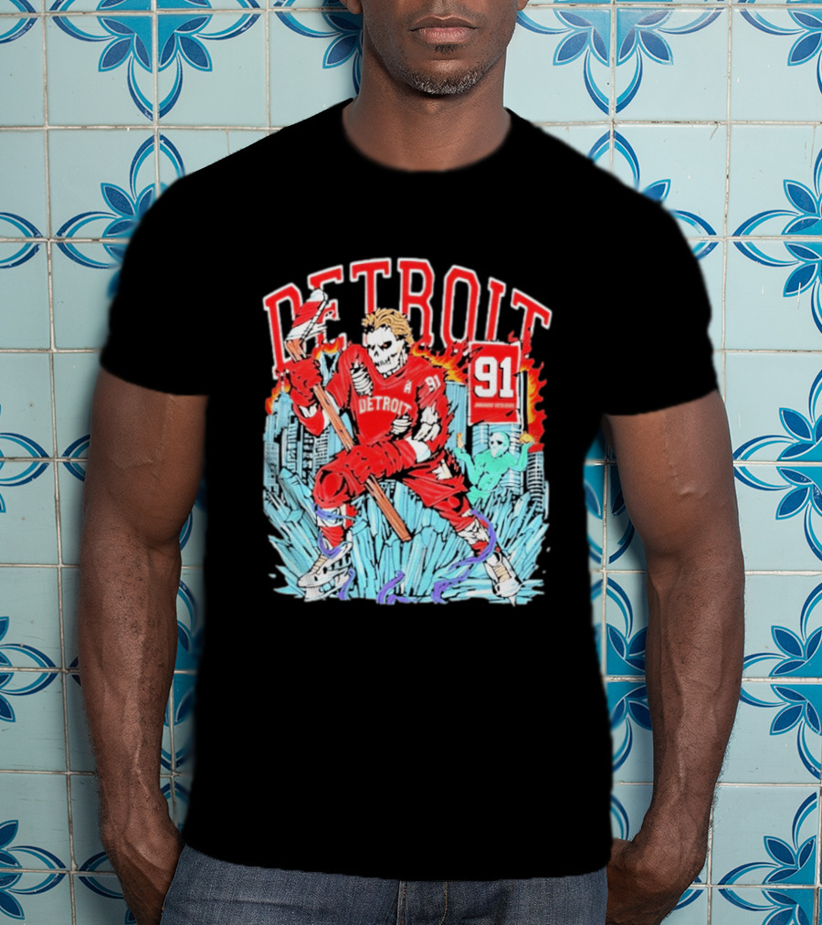Detroit Hockey 91 Skeleton Player Red Jersey Cityscape Flame T-Shirt