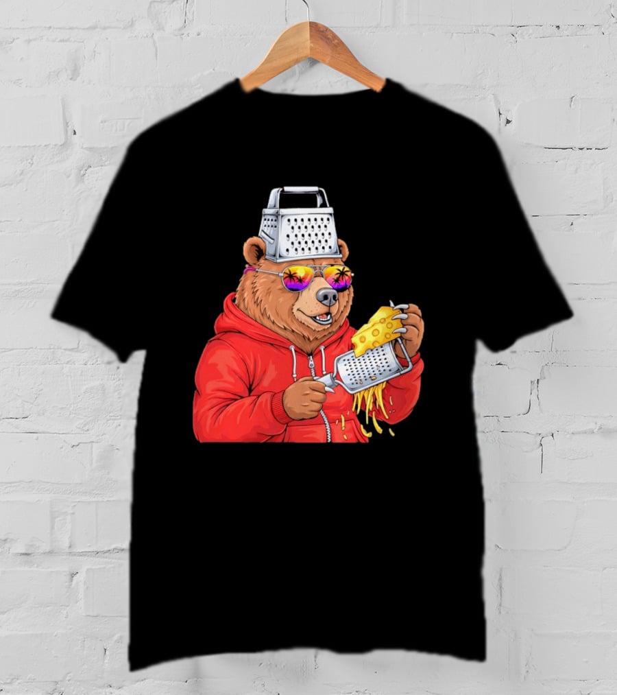 Bear With Cheese Grater Hat And Sunglasses With Bright Palm Tree Reflection T-Shirt