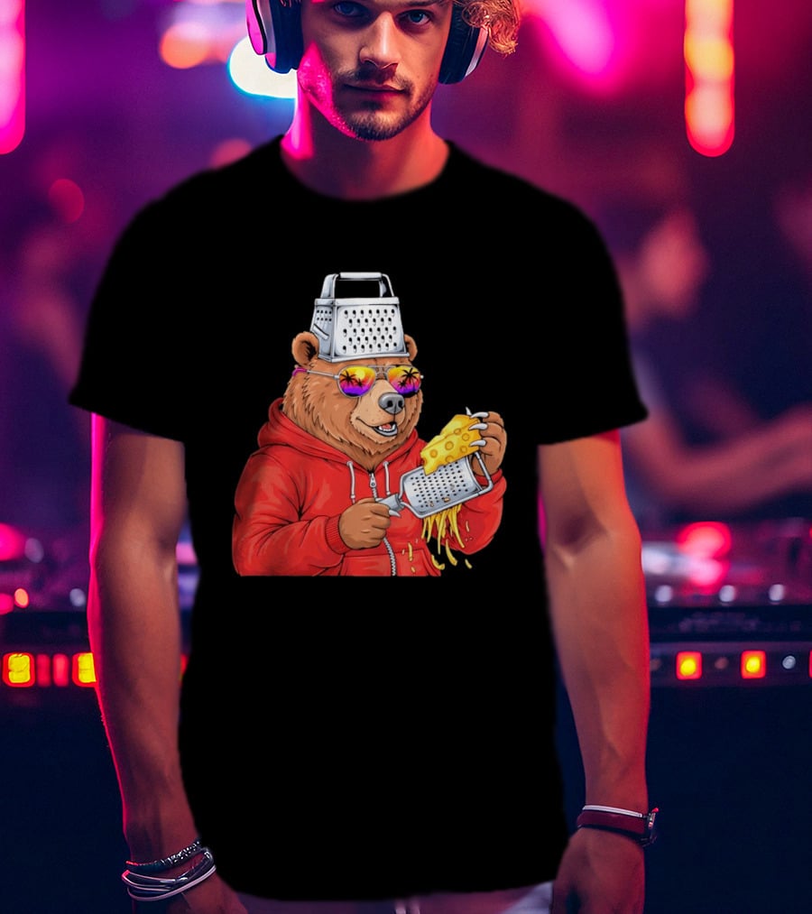 Bear With Cheese Grater Hat And Sunglasses With Bright Palm Tree Reflection T-Shirt