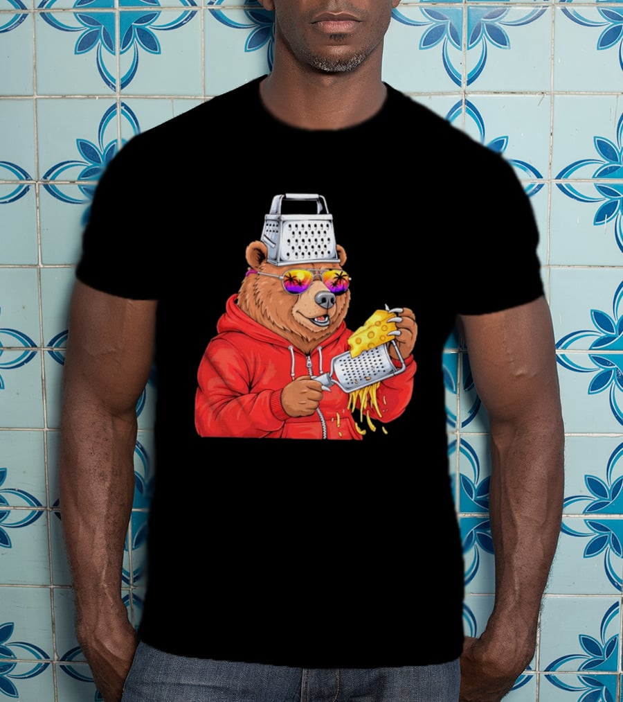 Bear With Cheese Grater Hat And Sunglasses With Bright Palm Tree Reflection T-Shirt