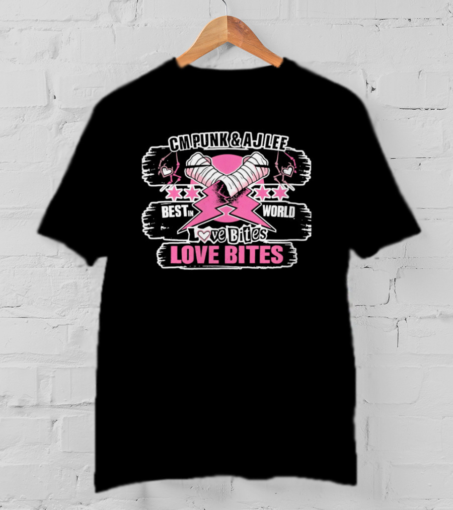 CM Punk AJ Lee Best In The World Love Bites Pink Heart Stars T-Shirt