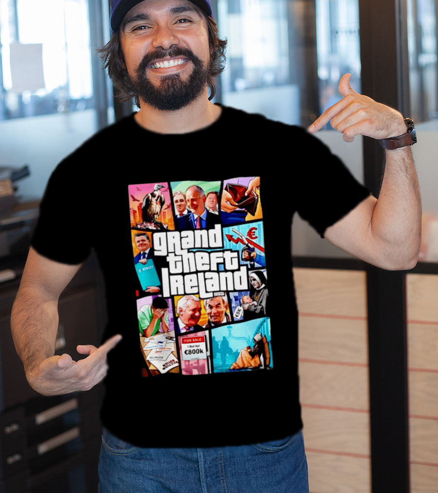 Grand Theft Ireland GTA 5 Parody Satire Style Illustration Irish Economy Politics Humor T-Shirt
