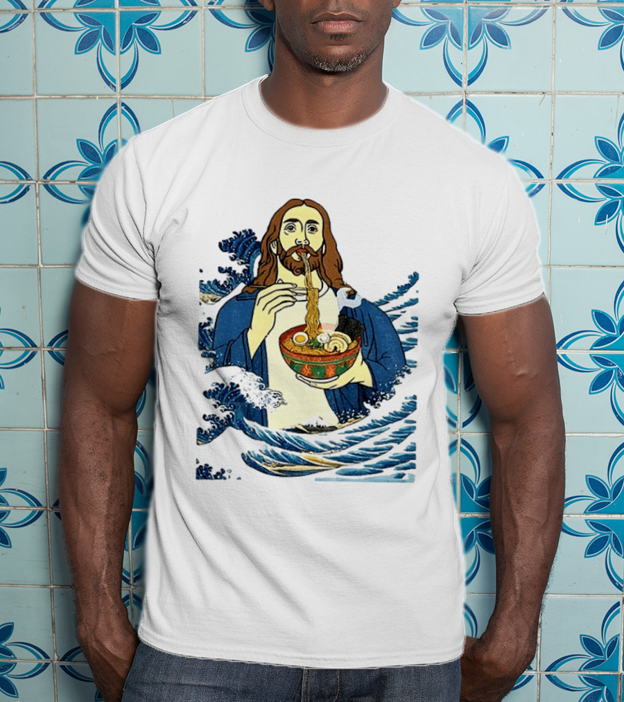 God Eats Ramen Jesus Wave Meme With Bowl Of Noodles T-Shirt