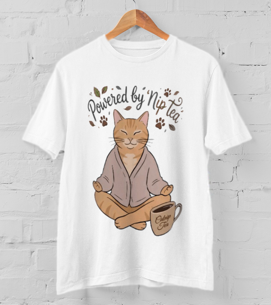 Powered By Nip Tea Catnip Tea Meditating Cat With Paw Prints T-Shirt