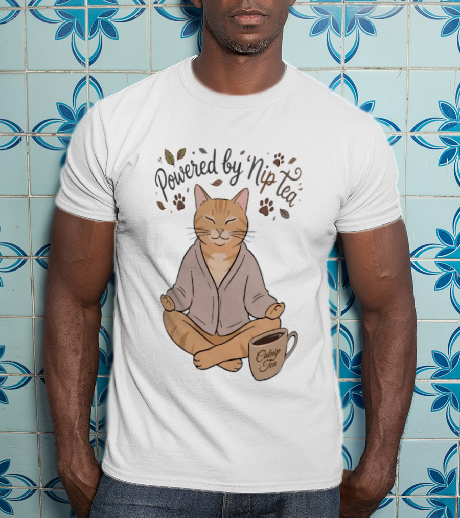 Powered By Nip Tea Catnip Tea Meditating Cat With Paw Prints T-Shirt